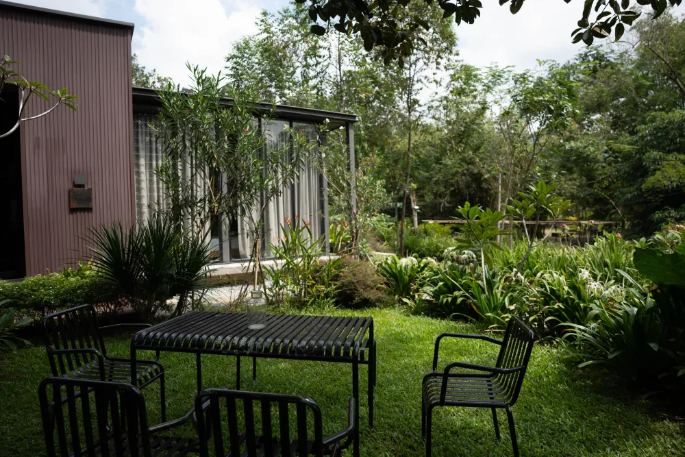 Garden dining area among the trees