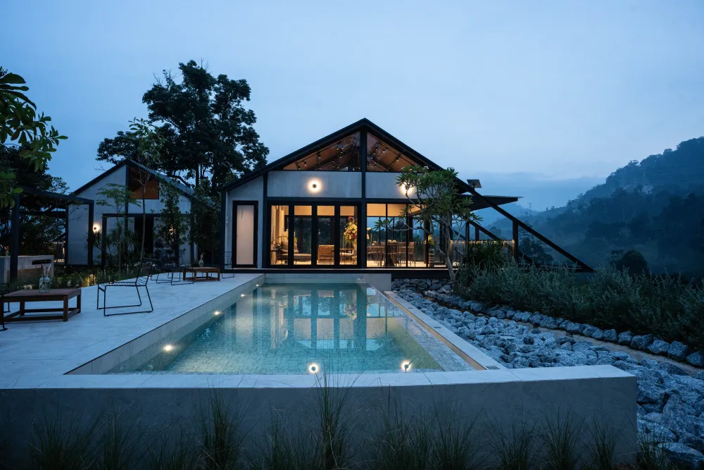 Pool glowing at dusk