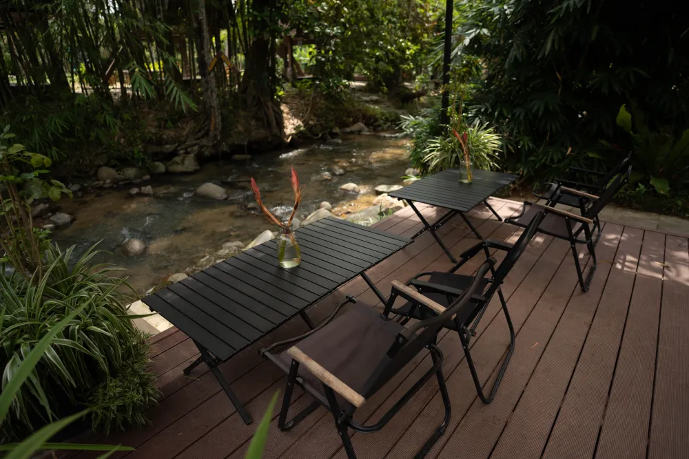 Morning light on the outdoor deck by the stream